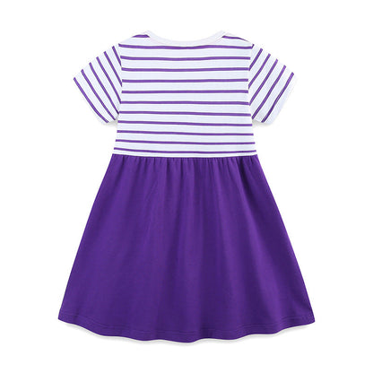 Summer Arrival Colorful Animals Pattern Short Sleeves Striped Dress for Stylish Girls