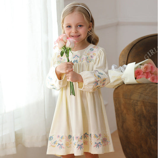 Spring and Autumn Vintage Flowers Embroidered Long-sleeved Dress for Stylish Girls