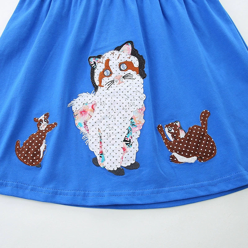 Summer Pure Cotton Cute Cartoon Mouse and Cat Pattern Fly Sleeves Dress for Stylish Girls