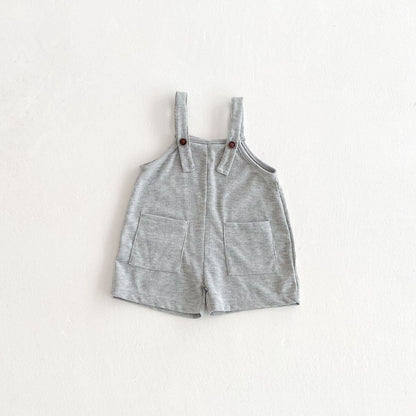 Summer Hot Selling Baby Kids Unisex Sleeveless Pocketed Grey Strap Overalls and White T-Shirt Clothing Set