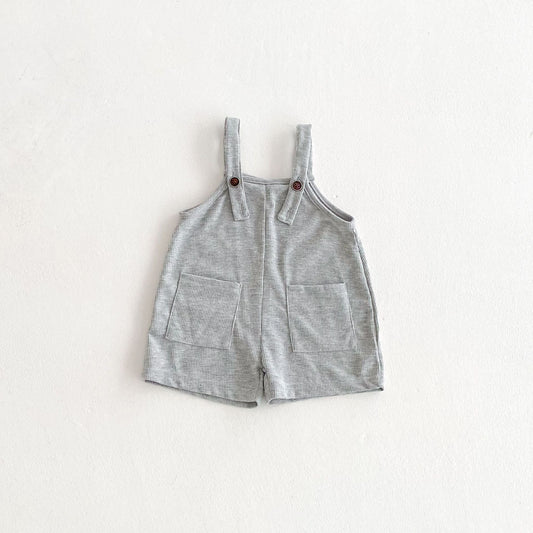 Summer Hot Selling Baby Kids Unisex Sleeveless Pocketed Grey Strap Overalls and White T-Shirt Clothing Set