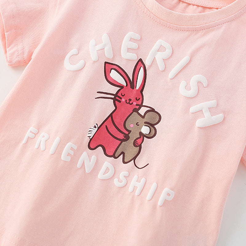 Summer Baby Kids Cartoon and Letters Pattern T-shirt and Floral Shorts Clothing Set for Girls