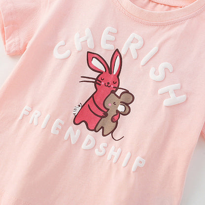 Summer Baby Kids Cartoon and Letters Pattern T-shirt and Floral Shorts Clothing Set for Girls