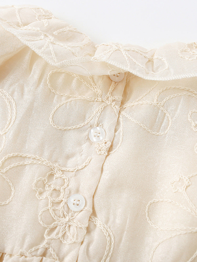 Summer Arrival Girls’ Floral Pattern Embroidery Short Sleeves Round Collar Dress