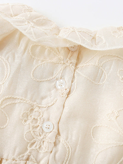 Summer Arrival Girls’ Floral Pattern Embroidery Short Sleeves Round Collar Dress