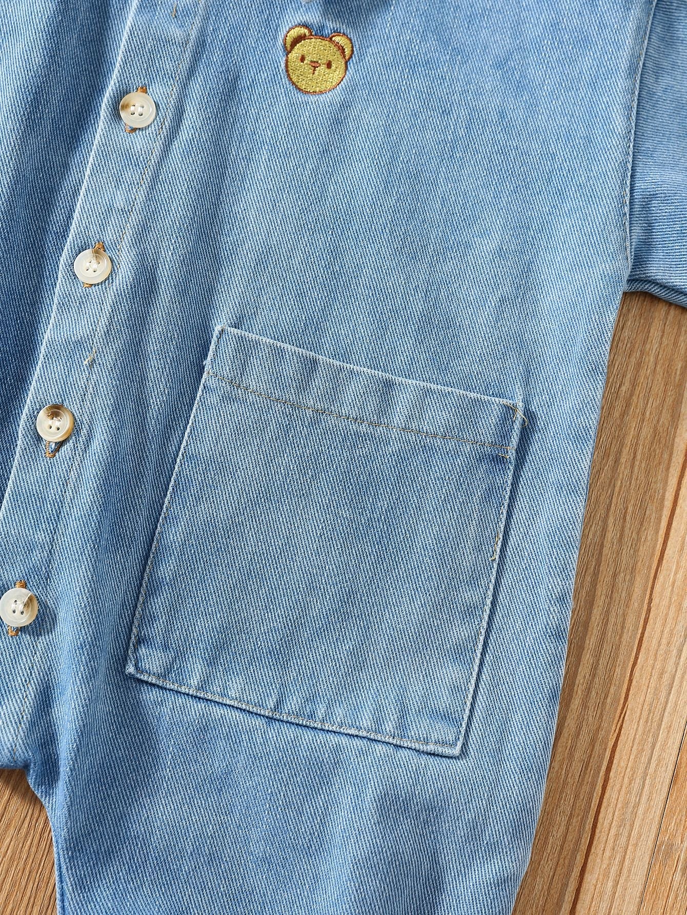 Autumn and Spring Arrival Baby Casual Pocketed Denim Rompers with Turn-down Collar