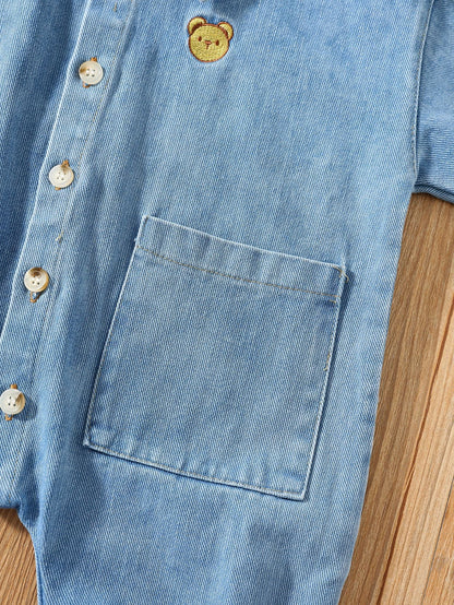 Autumn and Spring Arrival Baby Casual Pocketed Denim Rompers with Turn-down Collar