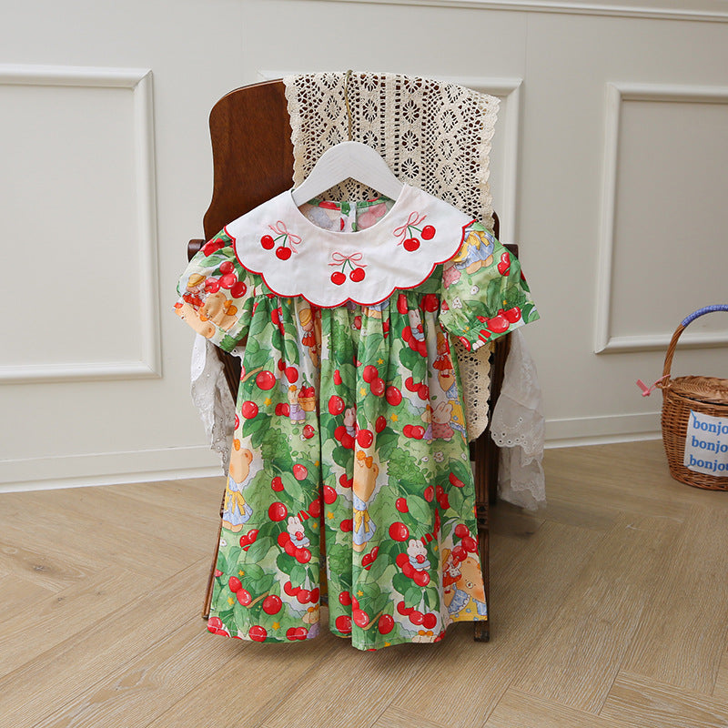 Design Summer Kids Girls Cartoon Oil Painting Print Short Sleeves Embroidered Collar Dress
