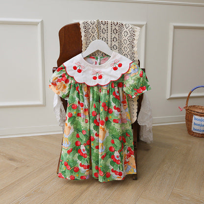 Design Summer Kids Girls Cartoon Oil Painting Print Short Sleeves Embroidered Collar Dress
