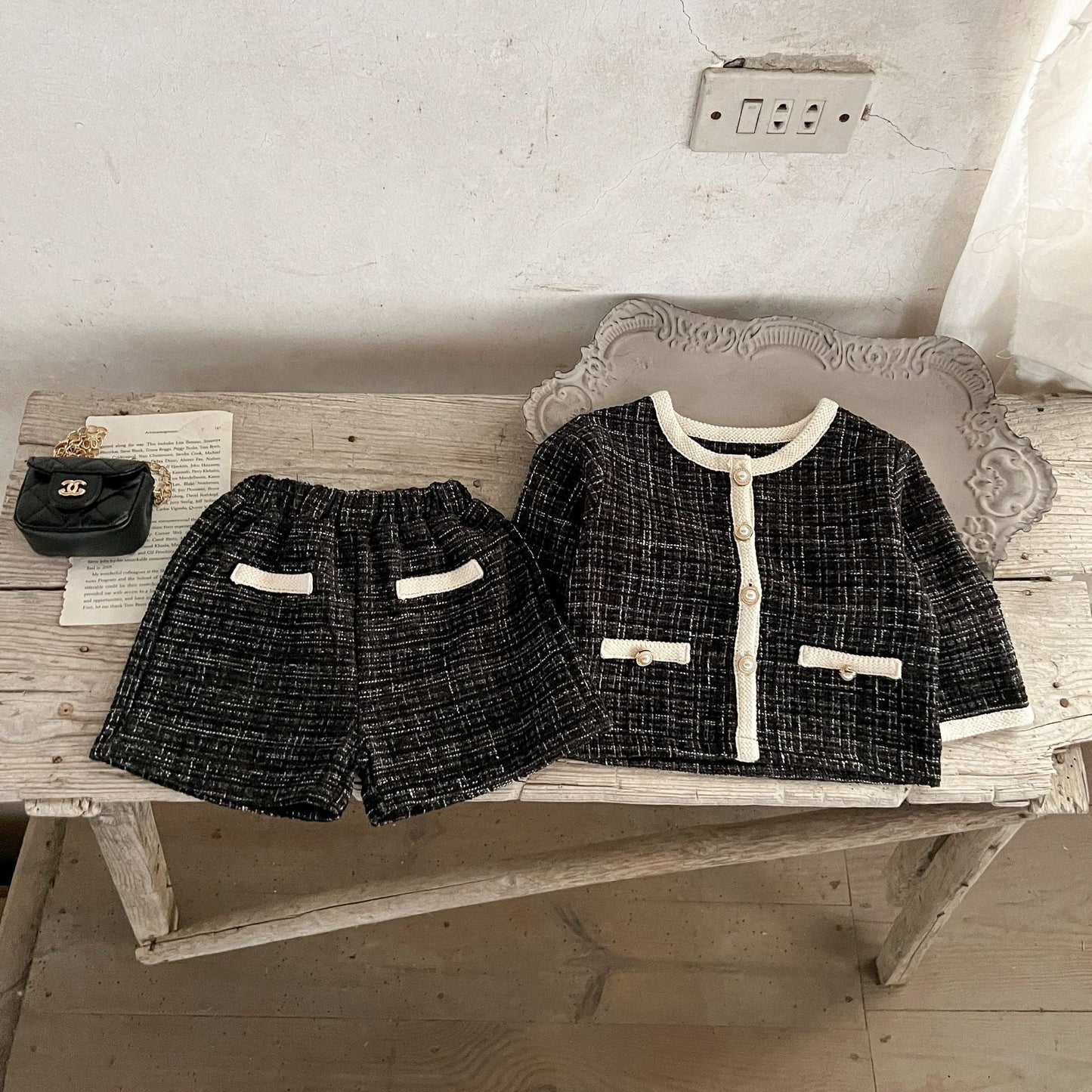 Spring Baby Kids Girls Plaid Cardigan And Shorts Clothing Set