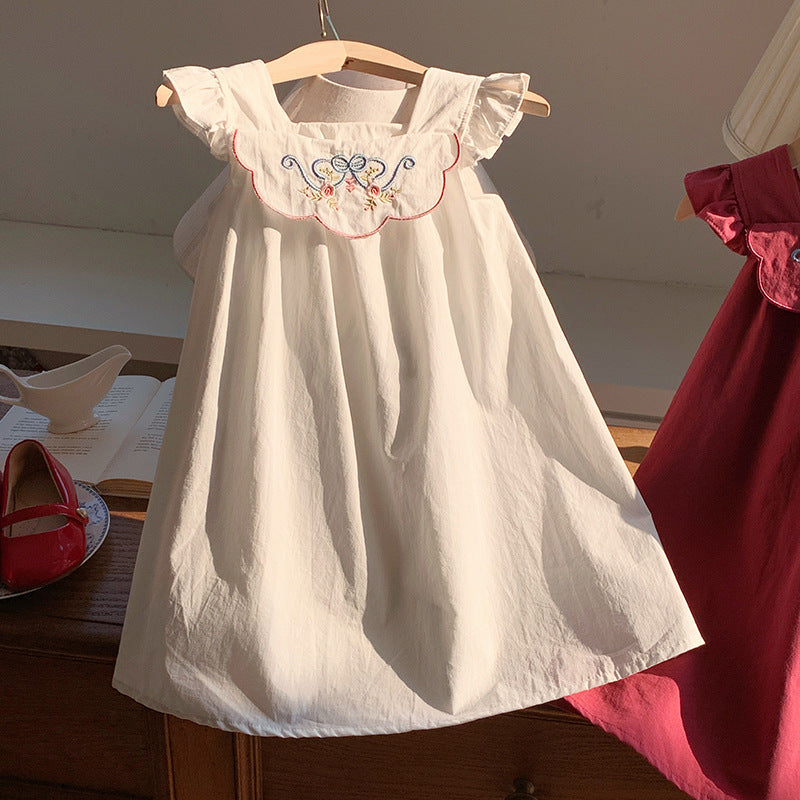 Summer Arrival Baby Kids Girls Fly Sleeves Flowers Embroidered Pattern Dress