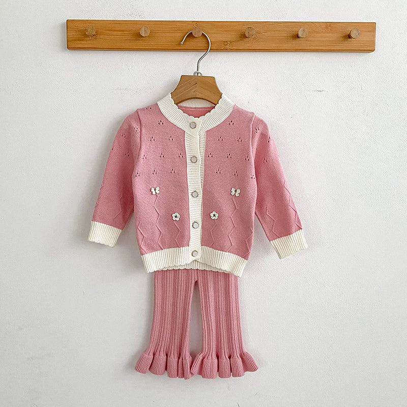 Arrival Autumn Baby Girls Long Sleeves Hollow-out and Flowers Pattern Knitted Top Cardigan and Long Trousers Clothing Set