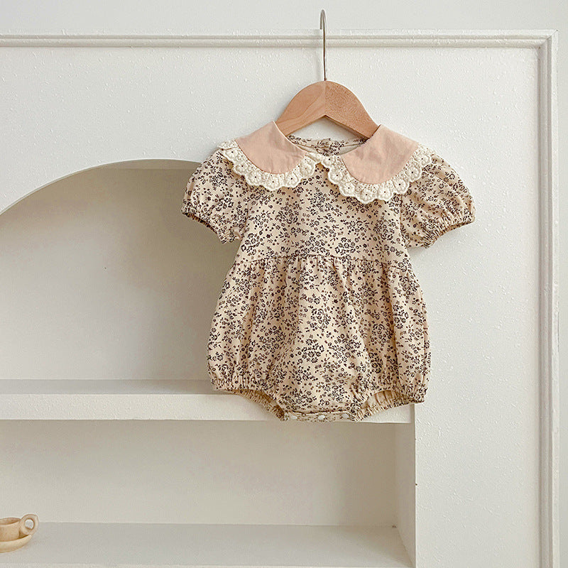 Design Summer Baby Kids Girls Floral Pattern Short Sleeves Peter Pan Collar Onesies And Girls’ Dress – Princess Sister Matching Set