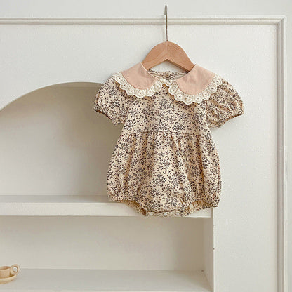Design Summer Baby Kids Girls Floral Pattern Short Sleeves Peter Pan Collar Onesies And Girls’ Dress – Princess Sister Matching Set