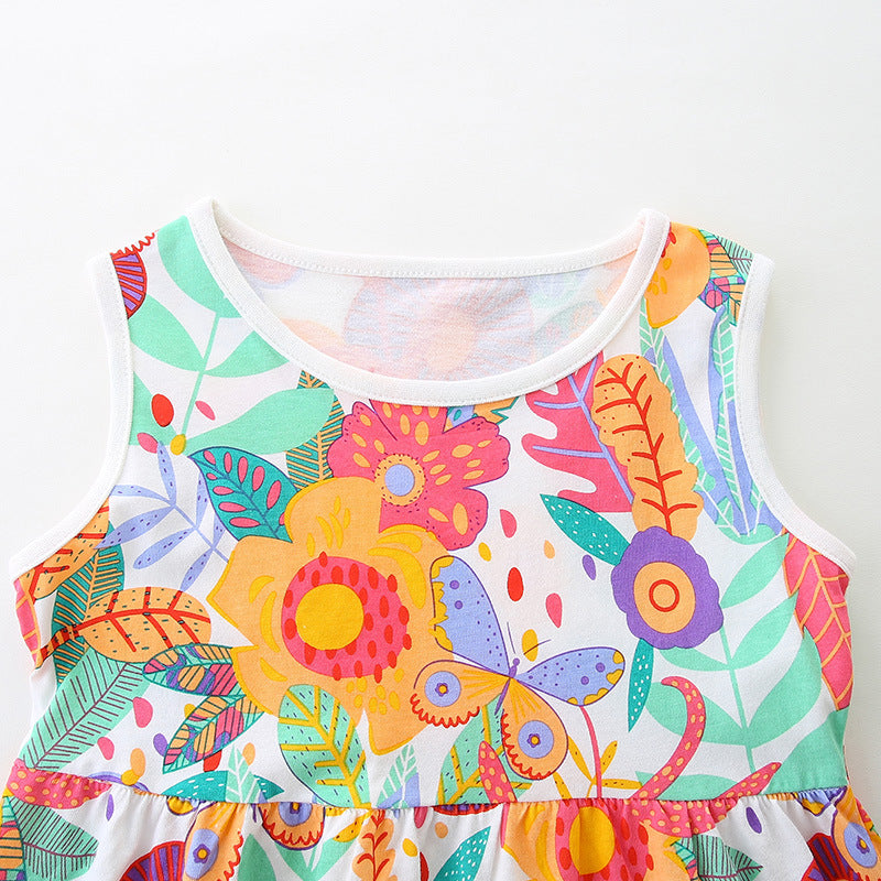 Summer Pure Cotton Cartoon Jungle Floral Pattern Sleeveless Dress for Stylish Girls