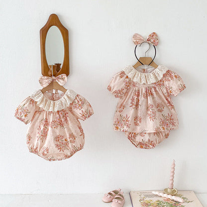 Design Summer Girls Flowers Pattern Short Sleeves Hollow Out Collar Onesies And Clothing Set – Sister Matching Clothing Set