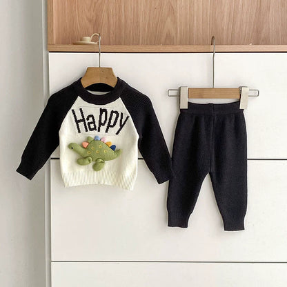 Arrival Autumn Baby Unisex Long Sleeves Color Patchwork Letters and Cartoon Pattern Knitted Top Sweater and Long Trousers Clothing Set