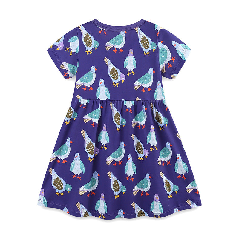Summer Pure Cotton Animals Birds Pattern Short Sleeves Dress for Stylish Girls