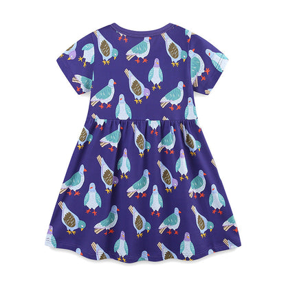 Summer Pure Cotton Animals Birds Pattern Short Sleeves Dress for Stylish Girls