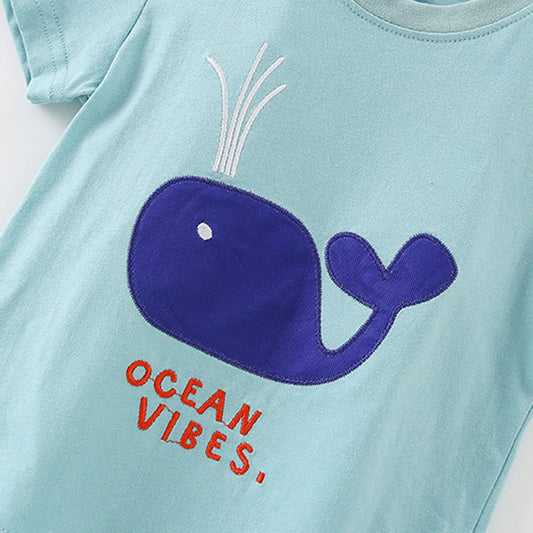 Summer Baby Kids Whales Cartoon Pattern T-shirt and Shorts Clothing Set for Boys