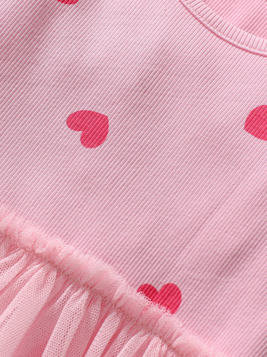 Arrival Autumn Girls Heart Print Crew Neck Long Sleeves Tulle Patchwork Dress