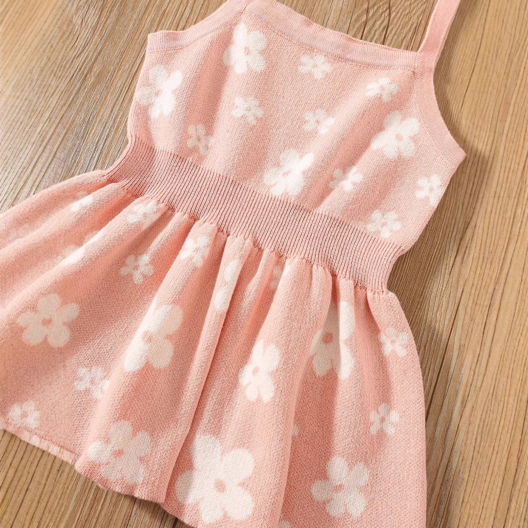 Summer Baby Kids Girls Sleeveless Floral Pattern Knitted Strap Dress