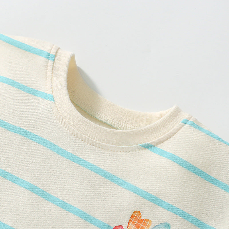 Summer Arrival Colorful Heart Pattern Short Sleeves Striped Dress for Stylish Girls