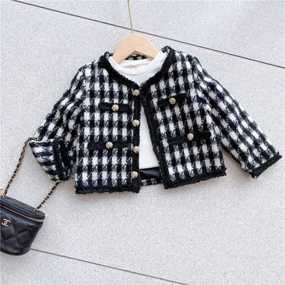 Girls Houndstooth Pattern Single Breasted Cardigan&Skirt Elegant Style Sets