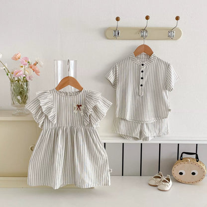 Summer Hot Selling Baby Kids Boys Short Sleeves Striped Pattern Top Shirt and Shorts Clothing Set
