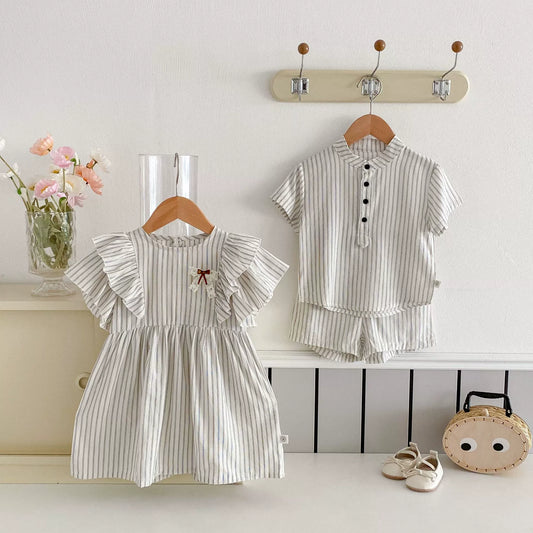 Summer Hot Selling Baby Kids Boys Short Sleeves Striped Pattern Top Shirt and Shorts Clothing Set