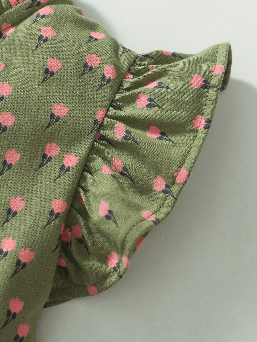 Baby Girls Flowers Print Army Green Sleeveless Dress