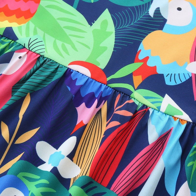 Summer Hot Selling Colorful Parrots Pattern Sleeveless Dress for Stylish Girls