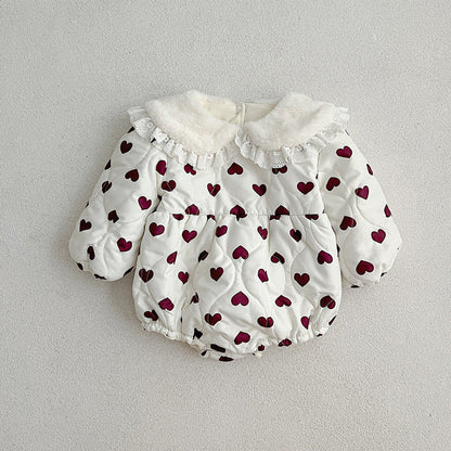 Red Heart Pattern Peter Pan Lace Collar Long Sleeve Fashion Princess Onesies&Dress