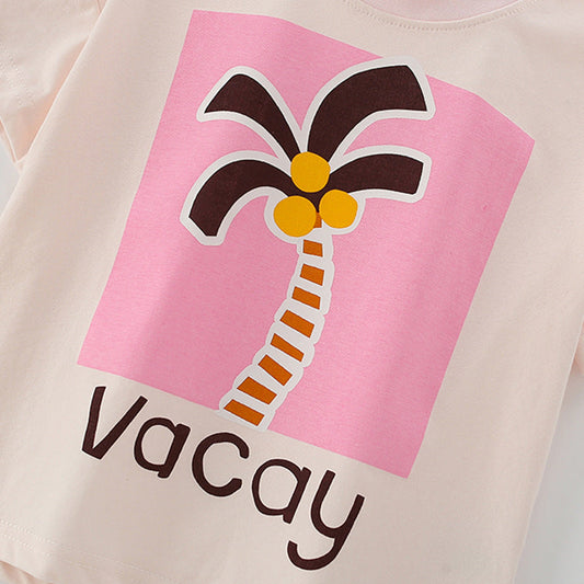 Summer Baby Kids Cartoon Coconut Palm Pattern T-shirt and Pink Shorts Clothing Set for Girls
