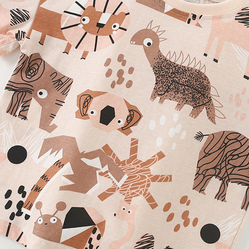 Summer Baby Kids Casual Animals Cartoon Pattern T-shirt and Shorts Clothing Set for Boys