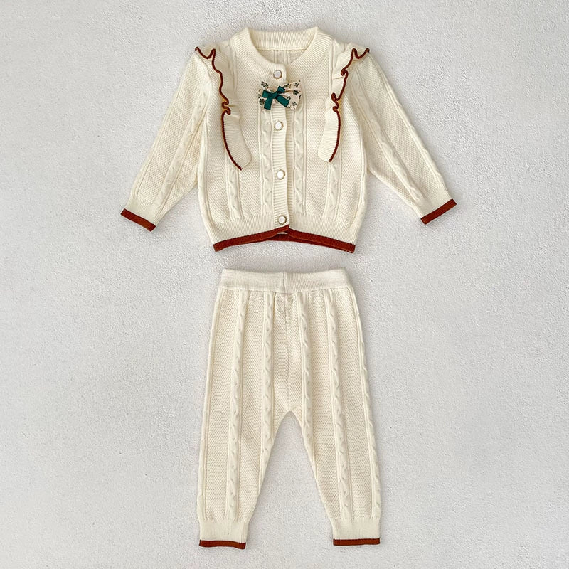 Arrival Autumn Baby Girls Long Sleeves Color Patchwork Jacquard Pattern Knitted Top Cardigan and Long Trousers Clothing Set