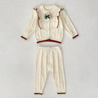 Arrival Autumn Baby Girls Long Sleeves Color Patchwork Jacquard Pattern Knitted Top Cardigan and Long Trousers Clothing Set