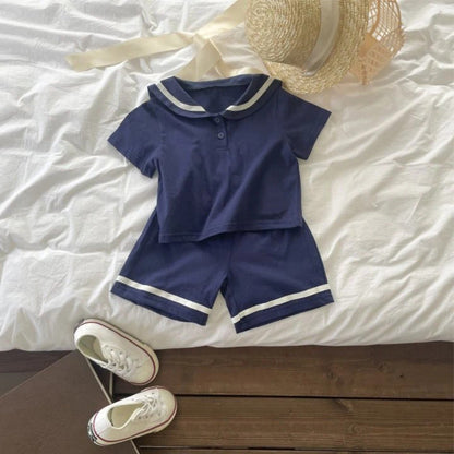 Summer Hot Selling Baby Kids Unisex Short Sleeves Preppy Top and Shorts Clothing Set