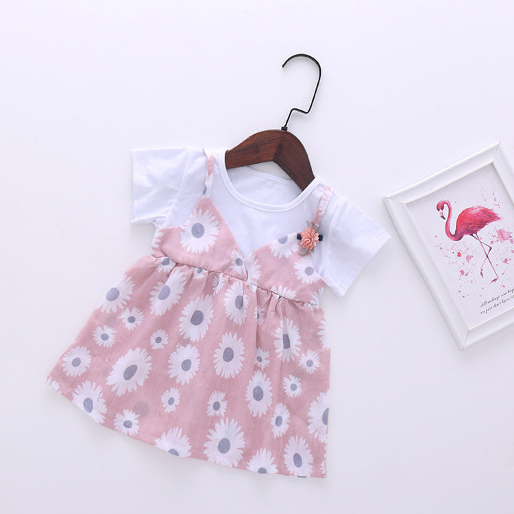 Baby Girl Little Daisy Print Pattern False Patchwork Design Round Collar Short-Sleeved Dress