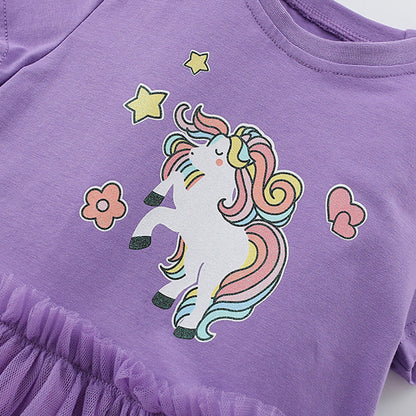 Summer Arrival Horse Cartoon Pattern Short Sleeves Tulle Design Cute Dress for Stylish Girls