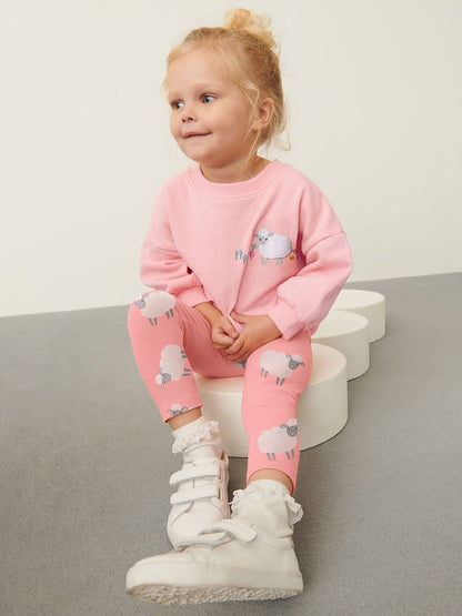 Spring And Autumn Girls Cute Sheep Cartoon Pattern Long Sleeves Top Sweatshirt And Pants Clothing Set