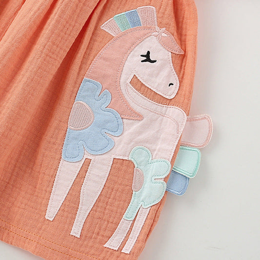 Summer Arrival Cartoon Horse Pattern Short Sleeves Dress for Stylish Girls