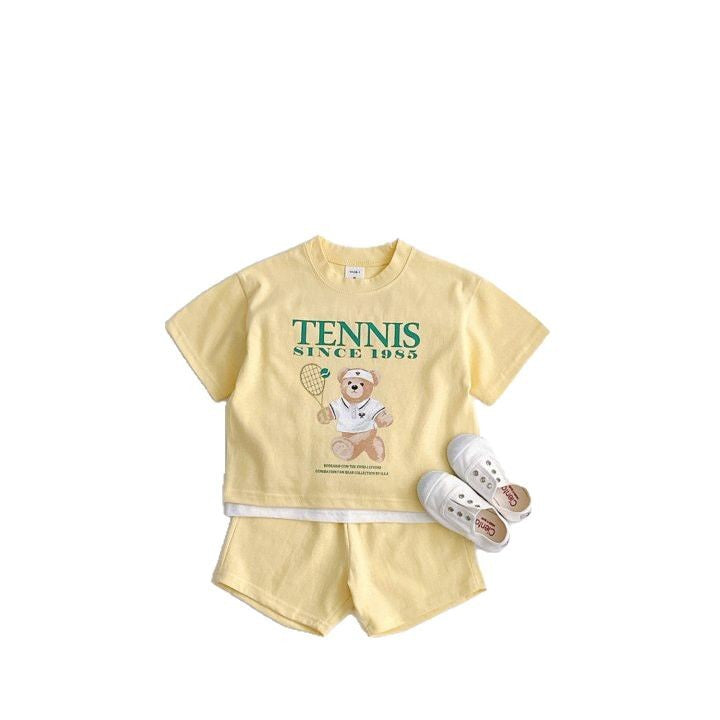 Summer Baby Kids Unisex Casual Letters and Teddy Bear Pattern Short Sleeves Top Shirt and Shorts Clothing Set