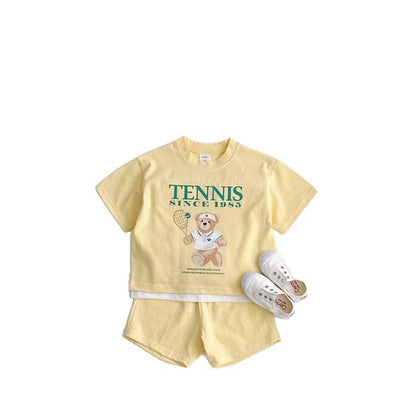 Summer Baby Kids Unisex Casual Letters and Teddy Bear Pattern Short Sleeves Top Shirt and Shorts Clothing Set