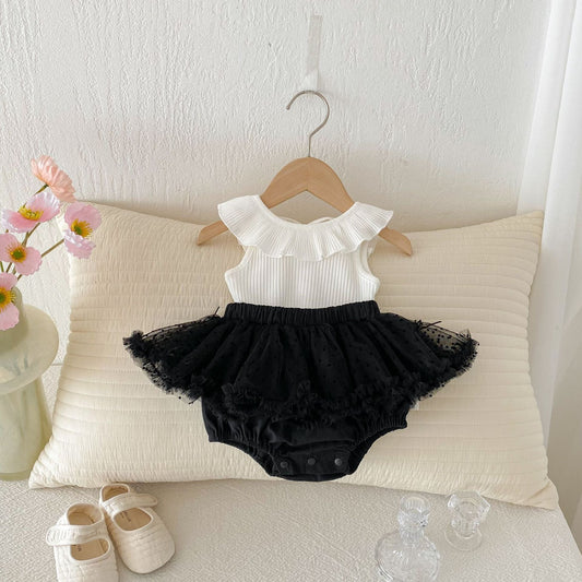 Summer Hot Selling Baby Girls Sleeveless Solid Color Vest and Tulle Patchwork Bloomers Clothing Set