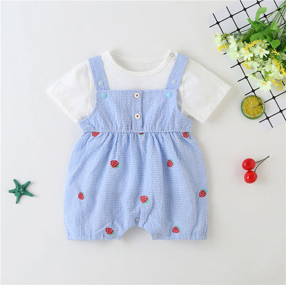 Baby Girl Plaid Graphic Strawberries Embroidery Snap Button Jumpsuit & Solid Tee Sets