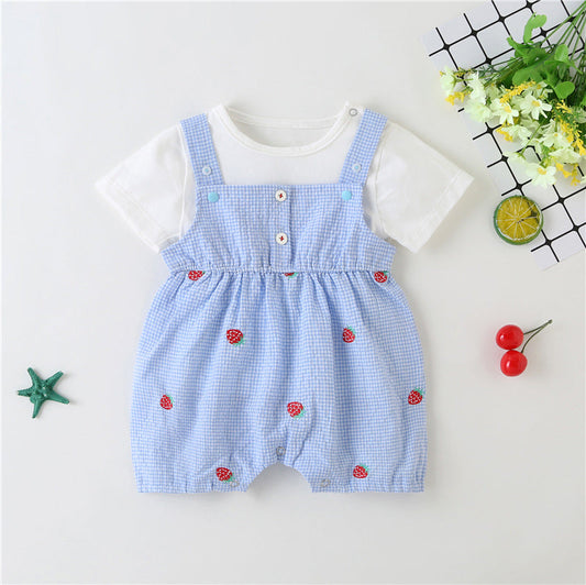 Baby Girl Plaid Graphic Strawberries Embroidery Snap Button Jumpsuit & Solid Tee Sets