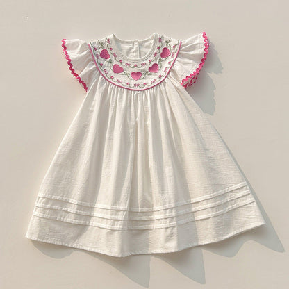 Summer Baby Kids Girls Fly Sleeves Heart Pattern Embroidered Dress