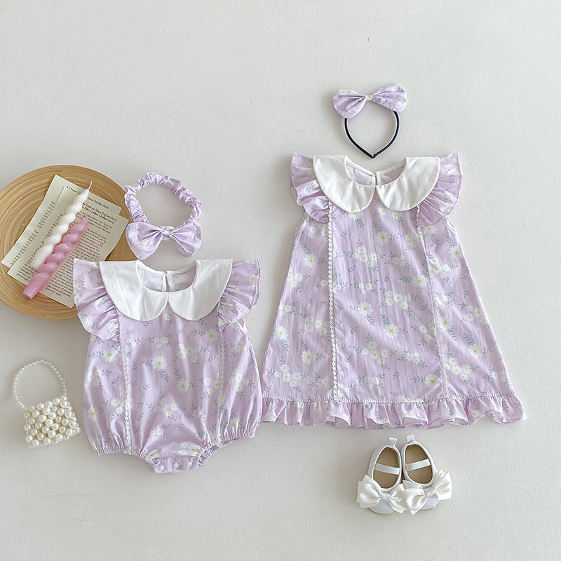 Arrival Summer Girls Flowers Pattern Fly Sleeves Peter Pan Collar Onesies And Dress – Sister Matching Clothing Set