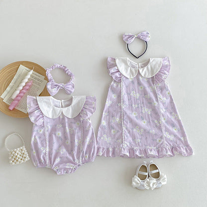 Arrival Summer Girls Flowers Pattern Fly Sleeves Peter Pan Collar Onesies And Dress – Sister Matching Clothing Set